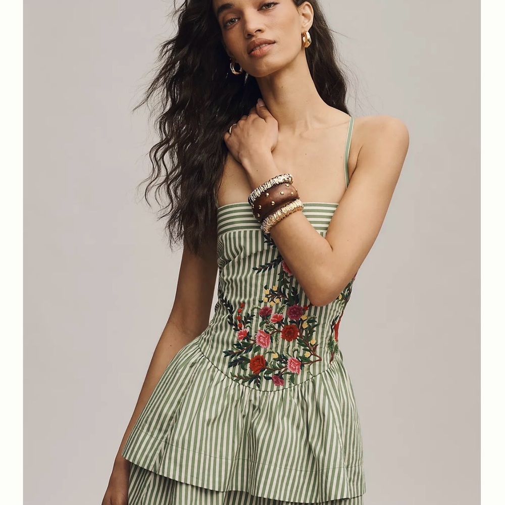 Anthropologie Green Striped Floral Embroidered Tiered Dress